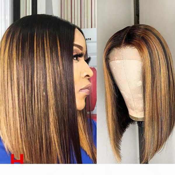 

13x6 preplucked ombre highlights blonde color short bob 360 lace frontal human hair wigs brazilian remy hair bleached knots full lace wigs, Black