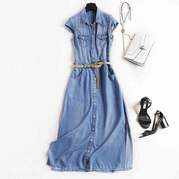 

summer autumn long dress button down denim for women sundress casual short sleeve jeans overalls cotton 210603, Black;gray