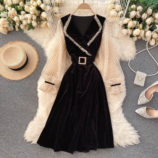 

2021 autumn winter vintage black polka dot mesh patchwork party women elegant flare long sleeve notched collar casual vestidos hieg, Black;gray