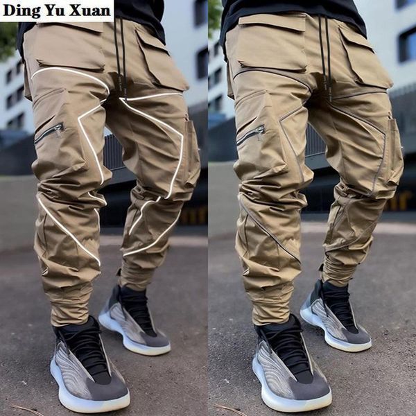 

men's pants men cargo with pockets streetwear fashion reflective striped hip hop joggers casual male loose sweatpants sport trousers, Black