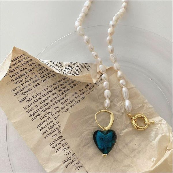 

pendant necklaces 2021 vintage irregular natural pearl for women girl blue color heart linked chain chokers necklace jewelry, Silver