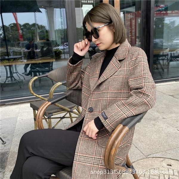 

women's wool & blends double faced cashmere coat 2021 autumn and winter loose fit medium long plaid suit woolen high end, Black