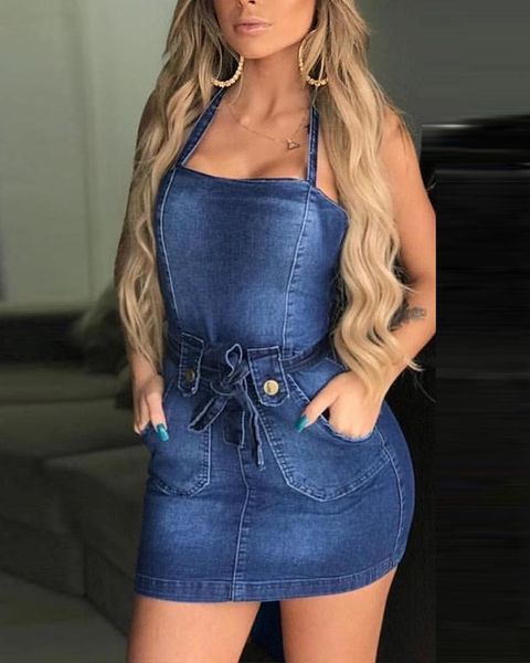 

casual dresses spot 2021 summer hanging neck pocket sleeveless denim dress belt bow slim sling bag hip skirt, Black;gray