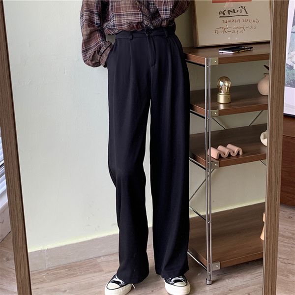 

2021 minimalist black wide leg straight pants women bottoms new office lady solid casual high waist trousers female s1v4, Black;white