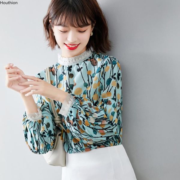 

women's blouses & shirts houthion chiffon shirt long sleeve flowers lace edge pullover fashion retro blouse, White