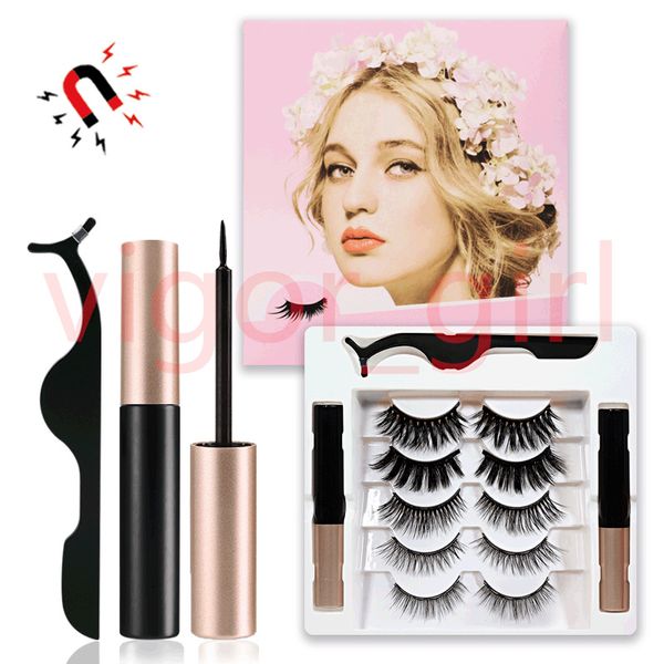 Magnetische Wimpern mit Eyeliner-Set, 5 Paar wiederverwendbare Wimpern + 2 flüssiger Eyeliner und Pinzette, dickes Kreuz, natürlicher Look, kein Kleber, 753