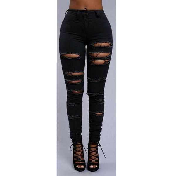 

women's pants & capris skinny jeans women denim holes destroyed pencil high waist casual trousers black white stretchy ripped
