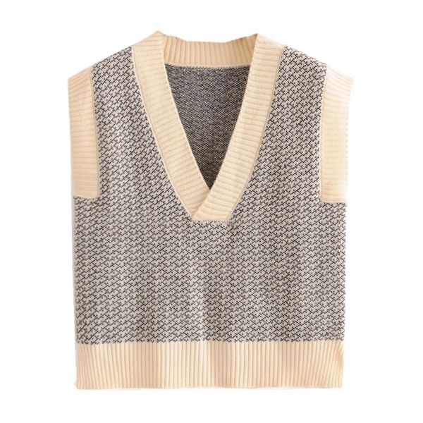 

preppy style check plaid knitted sweater vest women vintage korean clothing v neck hem slit sleeveless jumper y2k knitwear, White;black