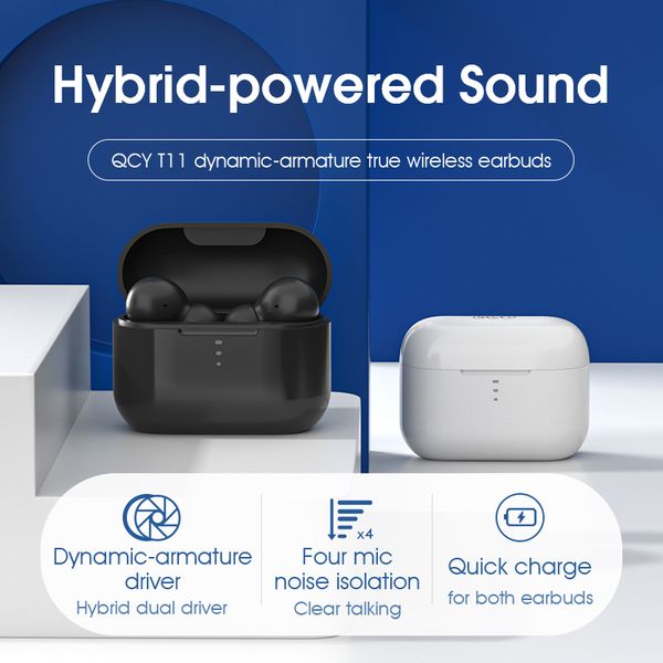 

qcy t11 dynamic-armature drivers earphone hifi wireless headphone bluetooth earbuds with 4 microphone hd call customizing app