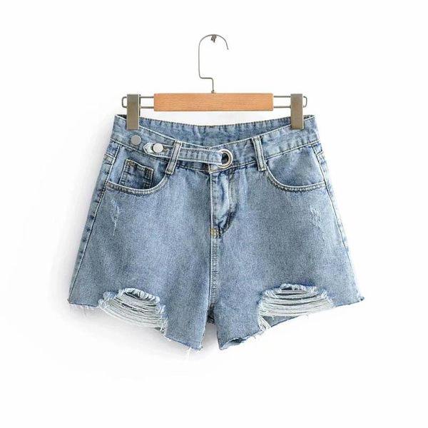 

women's jeans fashionable wear hole adjustment button short, Blue