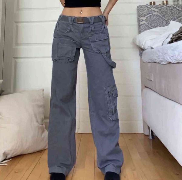 Dourbesty anni '90 Vintage Vita bassa Cargo Jeans Tasche con cerniera Pantaloni sportivi larghi grigi Pantaloni donna y2k Streetwear coreano Harajuku Y211115