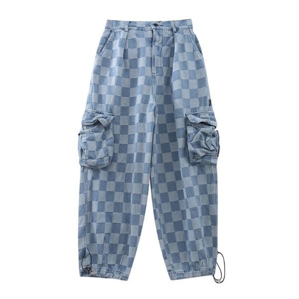 

men's jeans men large pocket loose casual checkerboard washed plaid cargo trousers male streetwear fashion hip hop denim pants, Blue