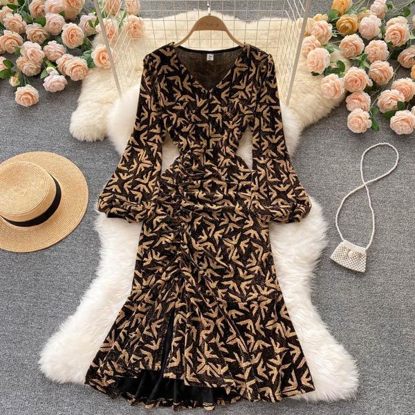 

casual dresses 2021 autumn fashion style vestidos female v-neck pleated puff sleeve slim midi dress with ruffles kk725, Black;gray