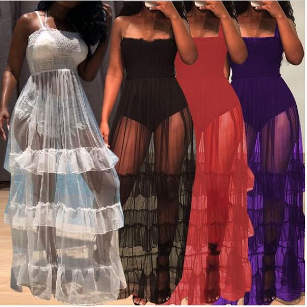 

casual dresses women see through white dress strap tiered mesh beach sundresses summer club party solid sheer maxi, Black;gray