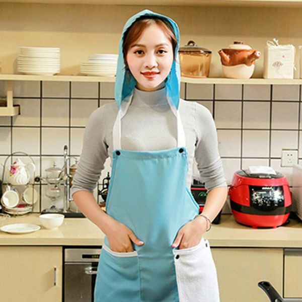 

candy color dustproof oil-proof belt towel large pocket hair care apron - blue