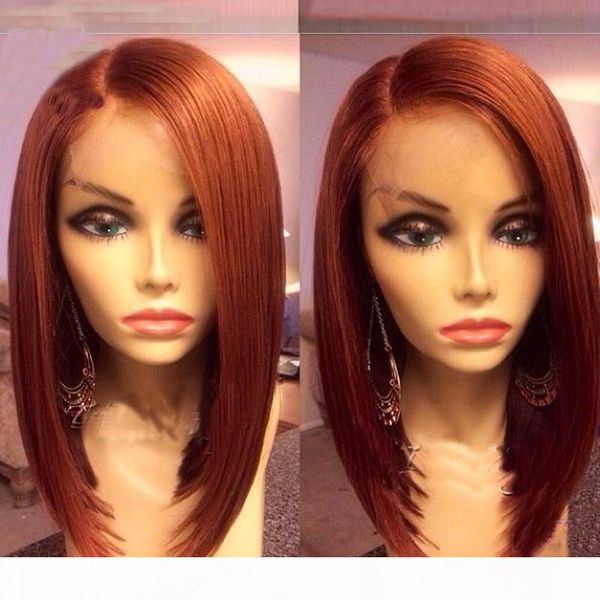 

medium auburn short bob lace front wigs human hair virgin malaysian full lace human hair wig silky straight with baby hair #30, Black;brown