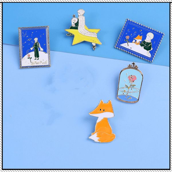 

the little prince brooches set 5pcs cartoon fox meteor night sky rose flower pins enamel paint badges for boys gold plated pin shirt jewelry, Gray