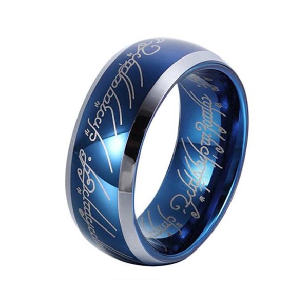 

8mm usa movie lord pray blue tungsten carbide ring with silver bevel edges