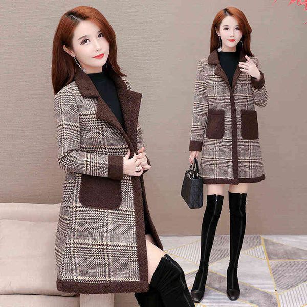 

cashmere thickened imitation cashmere coat women's 2021 autumn and winter lattice fashion foreign style medium long wool, Black