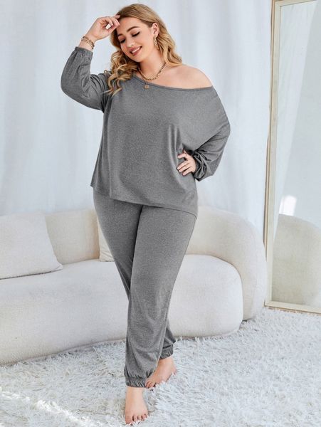 

plus drop shoulder tee & pants pj set g18z#, Black;white