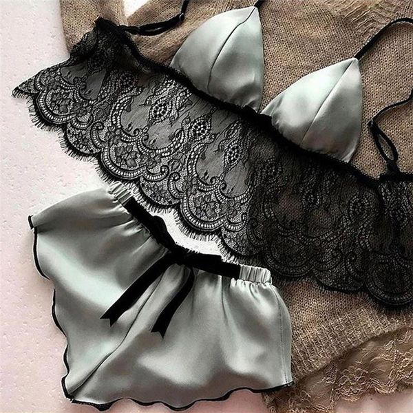

summer women's underwear silk satin lingerie pajamas crop bralette panty sets, Gray