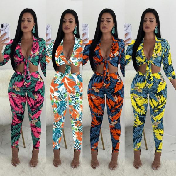 

women's tracksuits elegant leaf digital print summer outfits fashion women with pants suits, Gray