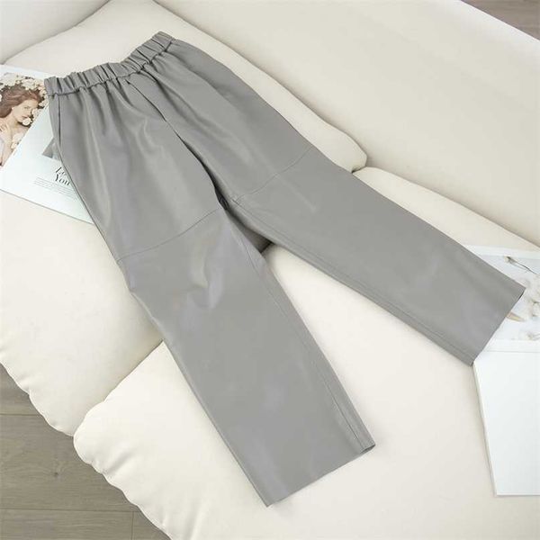 

genuine leather harem pants women's real sheepskin trousers high waist plus size women elastic streetwear 211118, Black;white