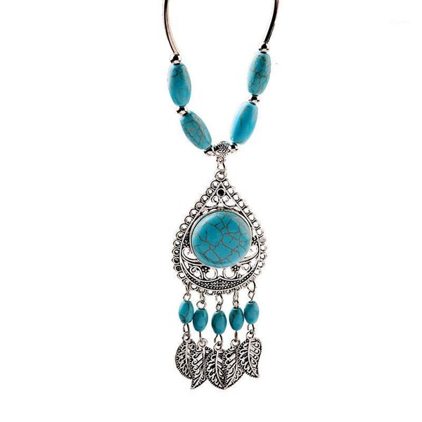 

pendant necklaces ethnic silver color leaf boho blue stone beads choker pendants tassel statement for women bijoux1