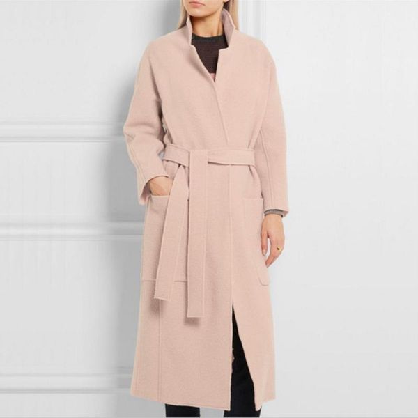 

women's wool & blends 2021 winter fashion women pink woolen coat turn down collar with belt slim elegent windbreaker plus size 2xl, Black