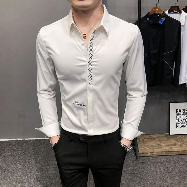 

qualidade new alta primavera novo simples bordado camisas brancas para roupas masculinas manga longa slida clube/formatura blusa h czb1, Black;brown