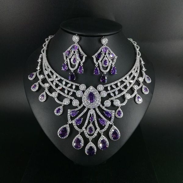 

earrings & necklace 2021 fashion romantic purple water drop zircon earring set,wedding bride dinner party dress jewelry, Silver