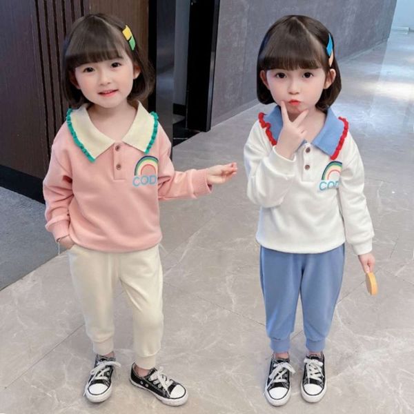 

sweater 2021 spring casual and autumn new korean children's girls' sports pants two piece set, White