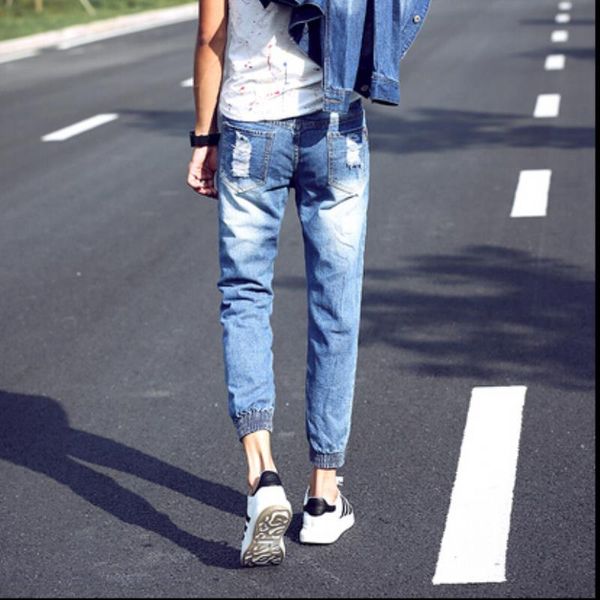 

distressed jeans wholesale-mens summer jeans men 2021 denim ankle length k8233 brand men denim joggers ripped lmanv, Black