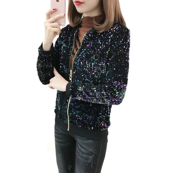 Giacche da uomo 2021 Giacca con paillettes da donna Taglie forti Primavera Autunno Bomber Manica lunga Cerniera Streetwear Lady Cappotti di base Capispalla M- 5XL