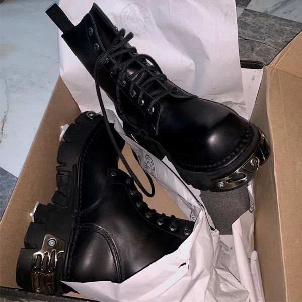 

boots boussac metal decoration chunky heel platform motorcycle women black punk goth designer round toe