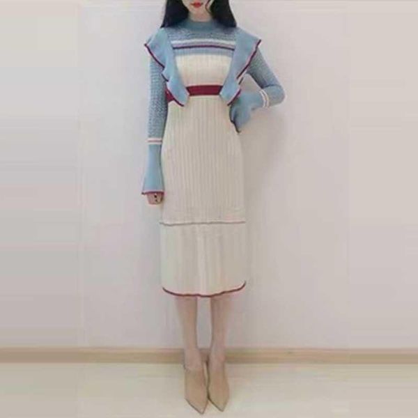 

casual dresses one-piece female knit sweaters ruffle dress korean fashion slim long sleeve stitching 2021 spring autumn women midi, Black;gray