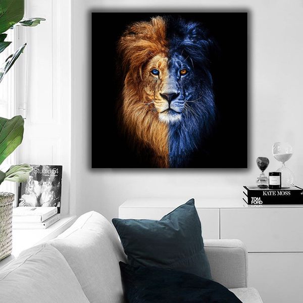 Modern Canvas parede imagem arte animal pintura impressão profunda leão rosto com cores duplas para sala de estar Decoração de casa sem moldura