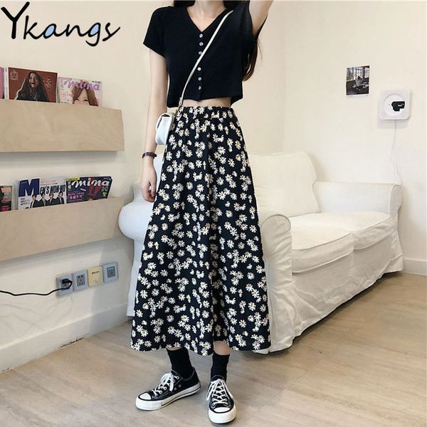 

2021 women vintage daisy floral print a line midi skirt korean ladies black high waist chic long skirts summer clothes faldas mujer 4fka