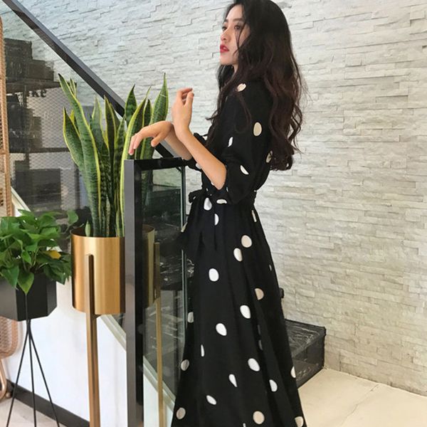 

New 2021 Summer Korean Style Chiffon Long Women Half Sleeve v Neck Dot Print Midi Es Casual Party Beach Plus Size 4xl 2LBM, Black;gray