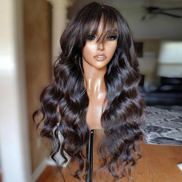 

lace wigs wig with bangs body wave front bang 13x4 human hair bleached knots closure fringe preplucked 180, Black;brown