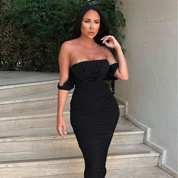 

casual dresses off the shoulder midi dress backless shirring design elegant party & evening bodycon for women, Black;gray