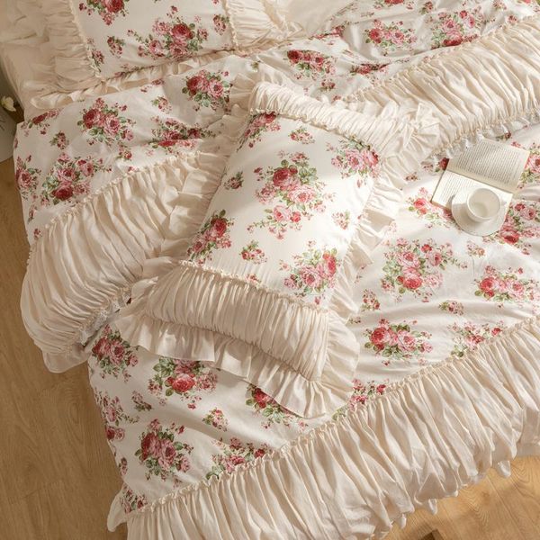 

bedding sets romantic set 100% cotton rose print linen princess  duvet cover lace design bedroom sheet
