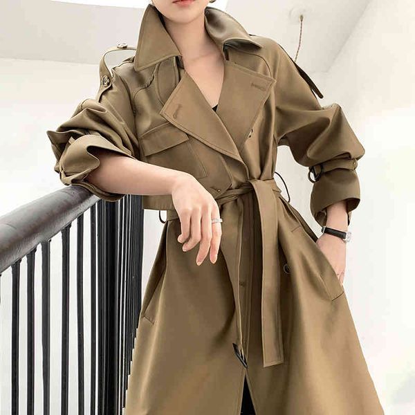 

women's trench coats [eam] women khaki belted big size long lapel sleeve loose fit windbreaker fashion spring autumn 2022 1de2686 tav8, Tan;black