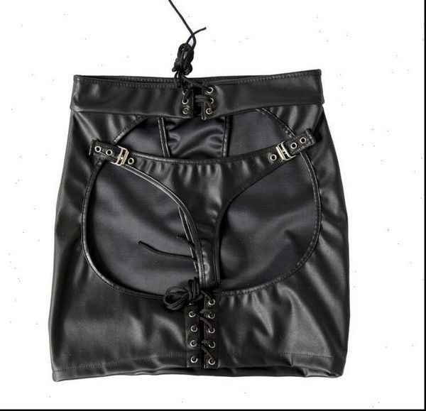 

s  female open hip buttock exposing bondage skirt wetlook faux leather spanking skirt tight fit fetish club erotic skirt, Black