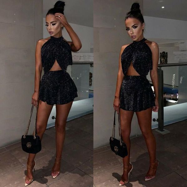 

women sets 2 pcs sleeveless turtleneck crop + above knee skirt bodycon evening party 2pcs set, Gray