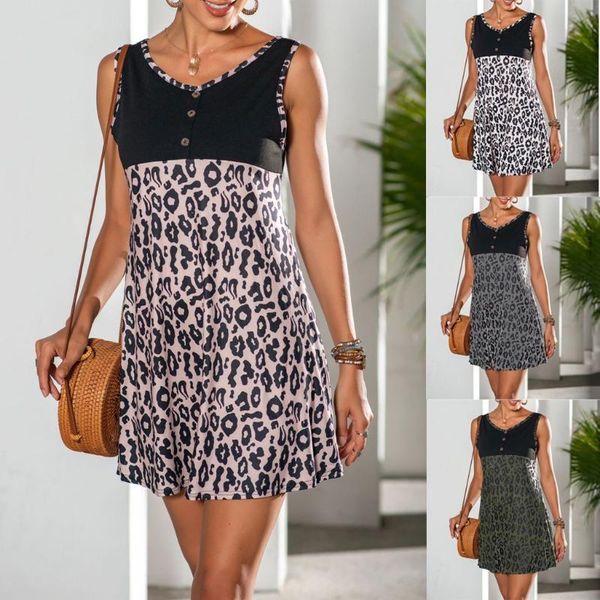 

casual dresses leopard pacthwork short dress ladies fashion buttons beach swing sundress women evening party vestido de fest, Black;gray
