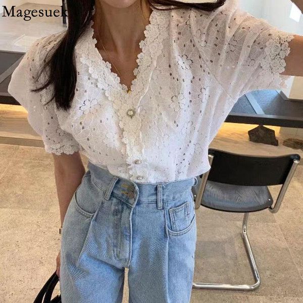 

women's blouses & shirts vintage lace hollow flowers shirt v neck fashion korean loose blouse women summer puff short sleeve blusas 159, White