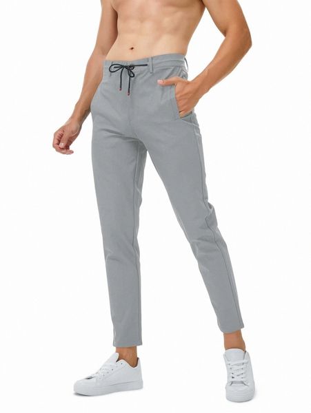 

men drawstring waist slant pocket tapered pants 34qm#, Black