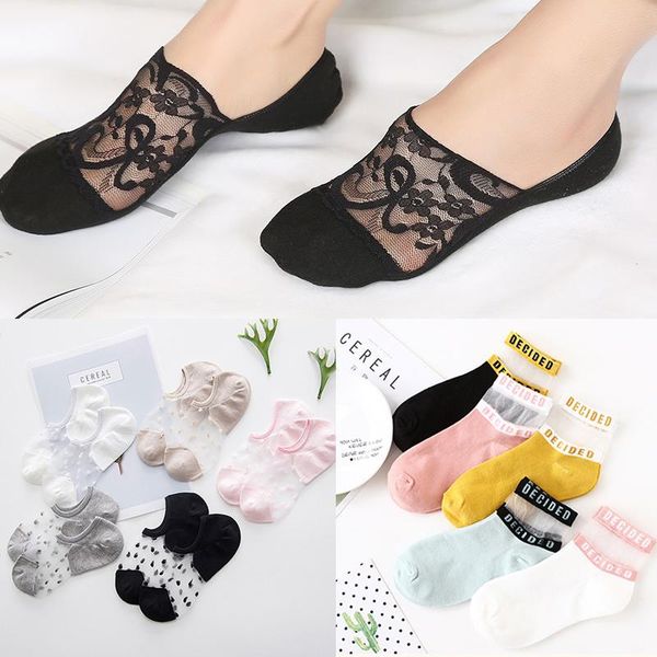 

3/4/5 pairs cotton lace boat socks women girls invisible antiskid slippers socks summer autumn low cut ankle sokken, Black;white