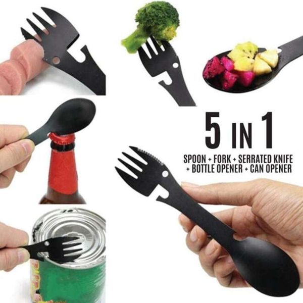 Colher de forquilha de abertura multi-função 5 em 1 aço inoxidável portátil multi flatware garrafa abridores cortador de acampamento caminhadas